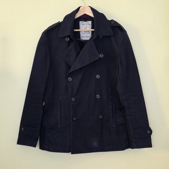 Zara Trench Coat Men XL Navy Double Breasted Vented Twill Cotton Unlined Pockets - Picture 1 of 16
